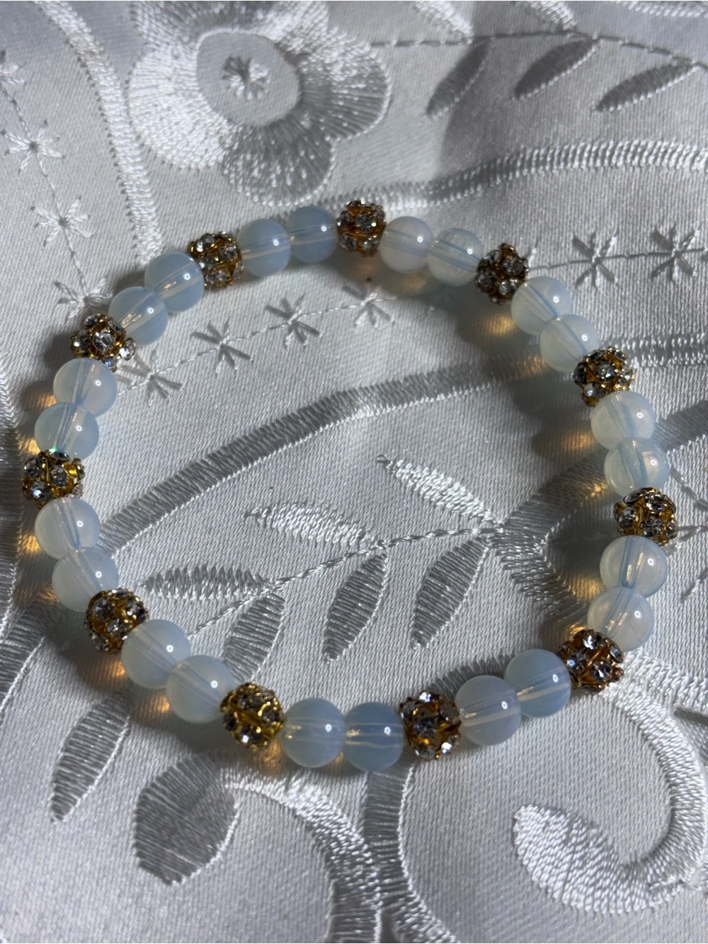 Opalite Beaded Stretch Bracelet with Gold Rhinestone Beads - White/Opalescent